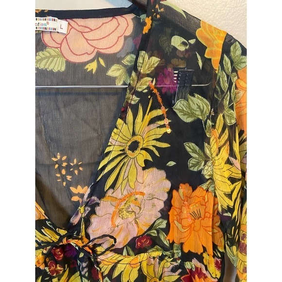 Vintage Y2K Boho Lemon Collection Floral Sheer Deep V Mini Dress Swim coverup - Picture 11 of 16